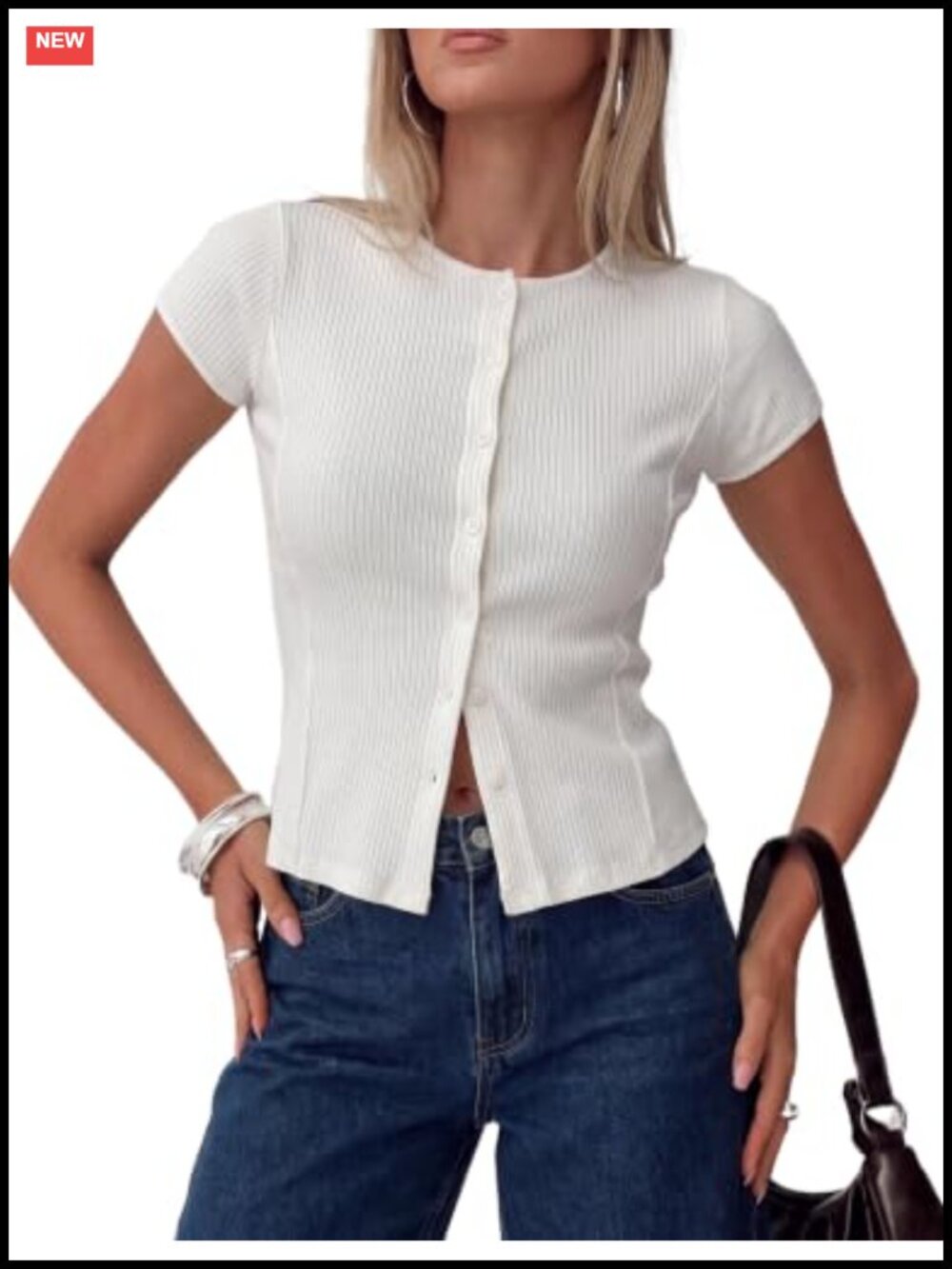 Women's Ribbed Knit Cardigan Cap Sleeve Button Up Fitted Stretch Top